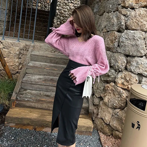 Faux Leather Skirts Women Fashion Split Designed Straight PU Shirt Fall Jupe High Waist Solid Elegant Slim Autumn Faldas Mujer