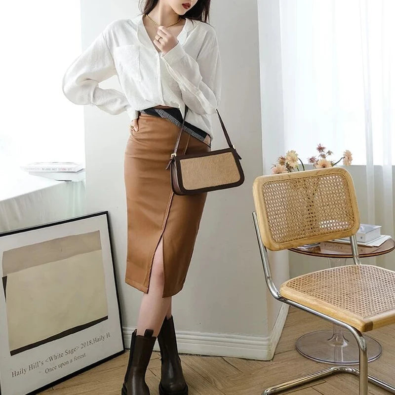 Faux Leather Skirts Women Fashion Split Designed Straight PU Shirt Fall Jupe High Waist Solid Elegant Slim Autumn Faldas Mujer